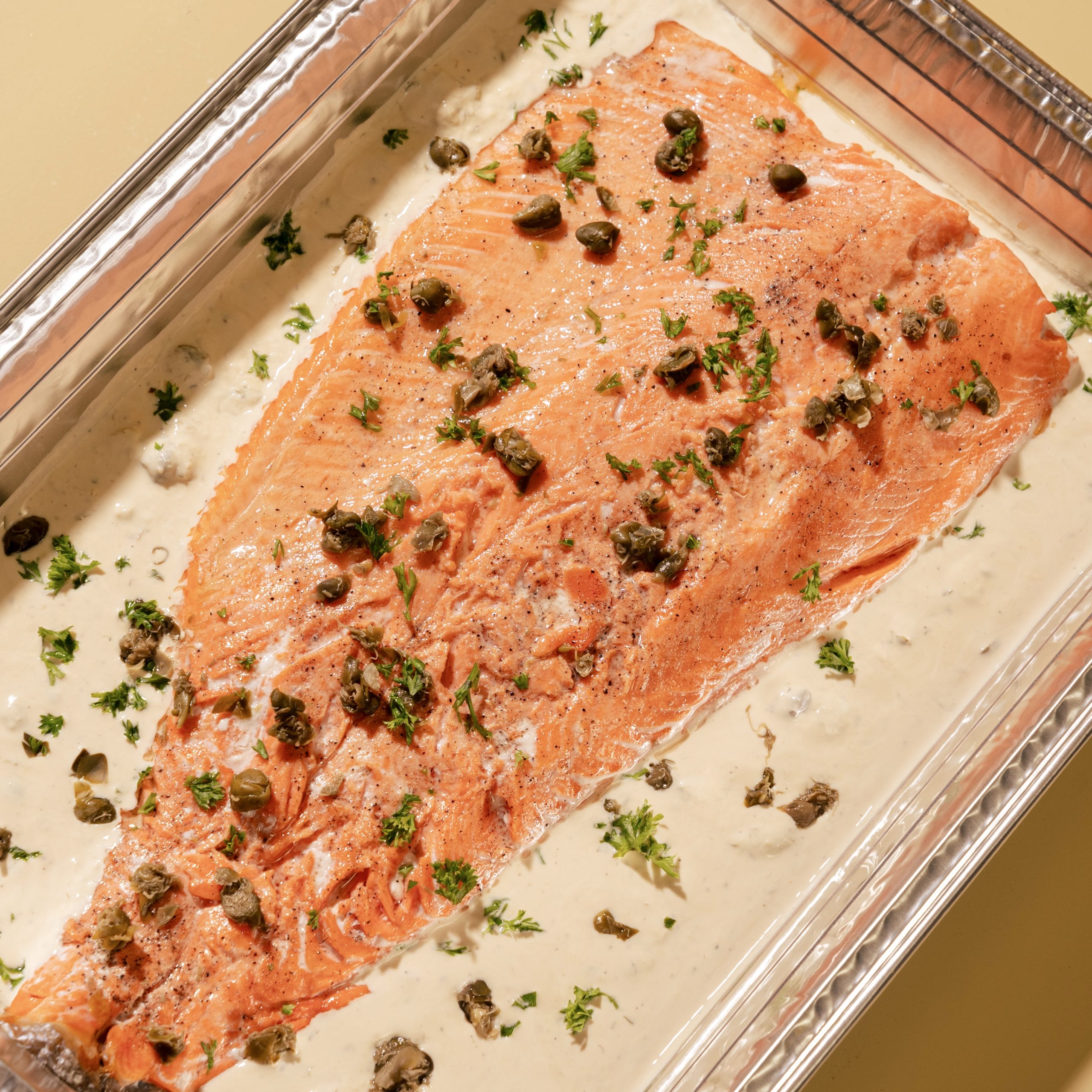 Baked Salmon w/ Creamy Lemon Caper Sauce
